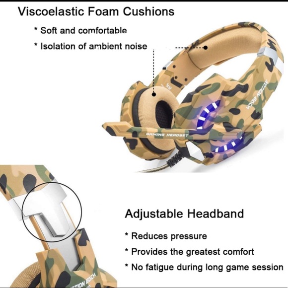 Camouflage Gaming Headphones with Microphone and LED Light for PS4, Xbox One Com - Picture 5 of 15